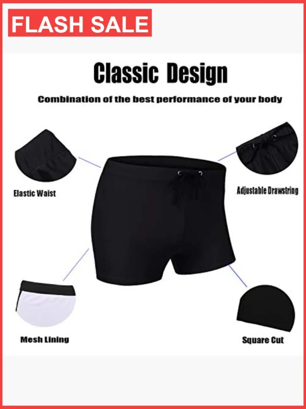 Men's Square Leg Swim Brief Quick Dry Trunks with Pocket S-XXL
